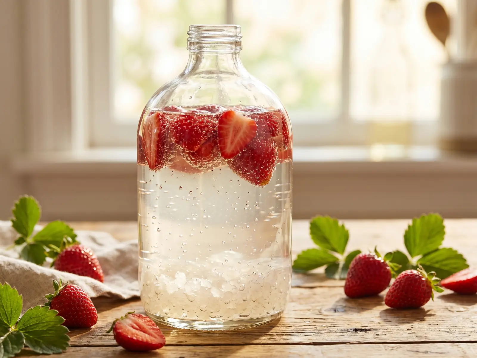 waterkefir invriezen Fles waterkefir met aardbeien, fijne bubbels en zomers licht op een houten ondergrond.