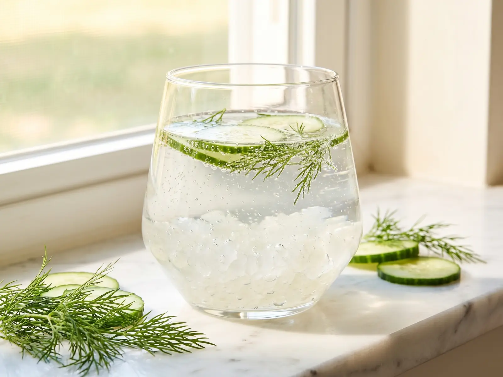 waterkefir maken Breed glas waterkefir met komkommer en dille op wit marmer, verlicht door een zijraam.