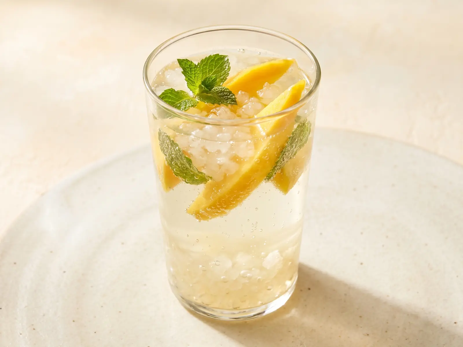 Glas waterkefir met mango en munt op een zachte achtergrond onder warm licht van bovenaf.