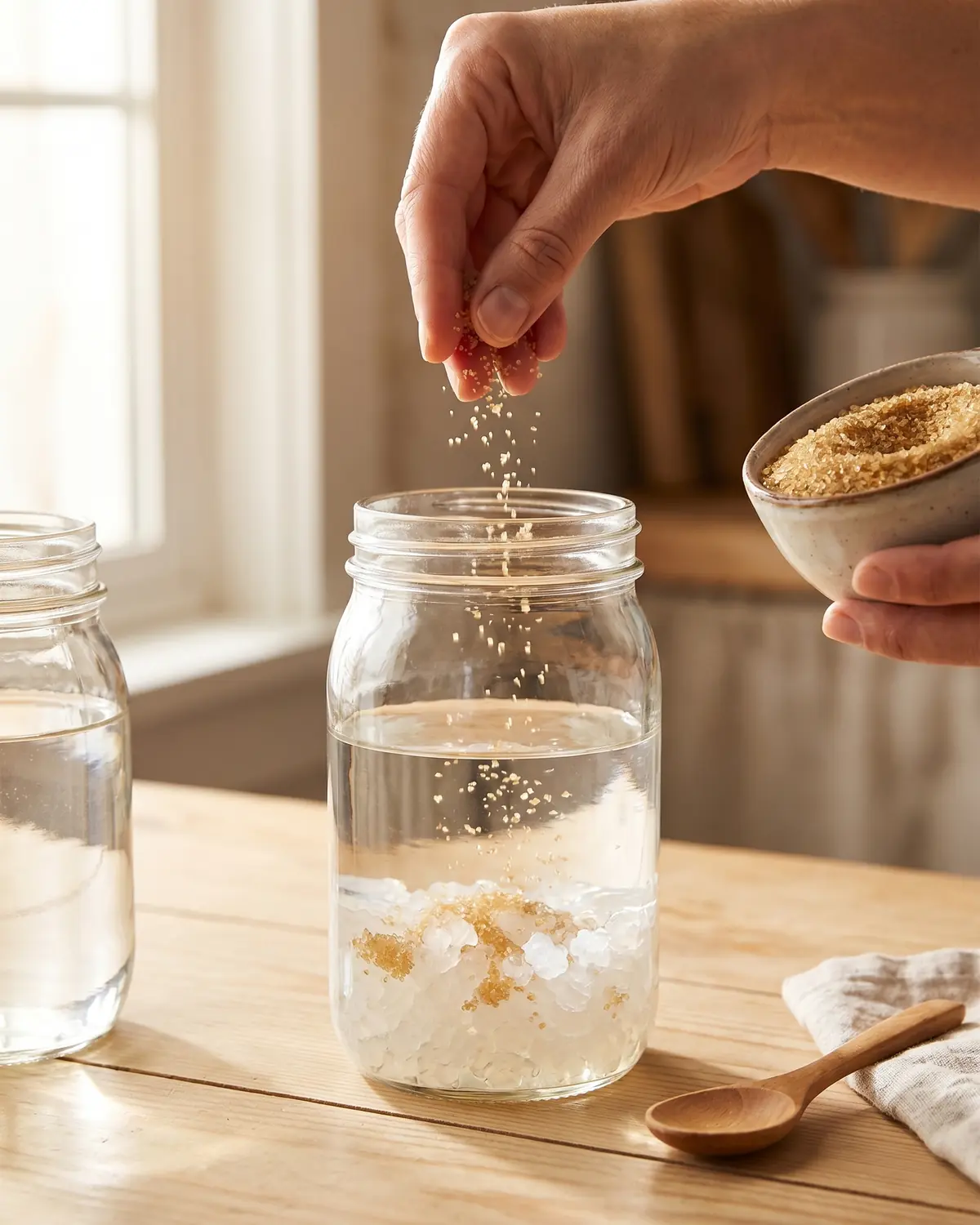 waterkefir maken Hand strooit rietsuiker over water en kristalachtige kefirkorrels in een hoge glazen pot.