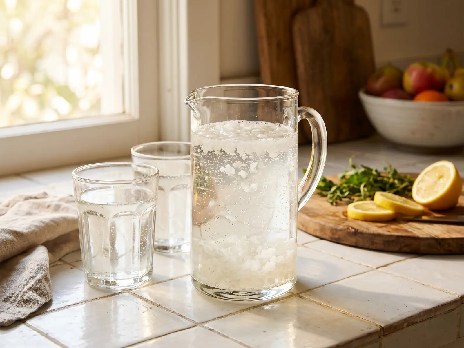 waterkefir dood Een kan waterkefir met twee gevulde glazen op witte tegels in een rustige keukenscène.
