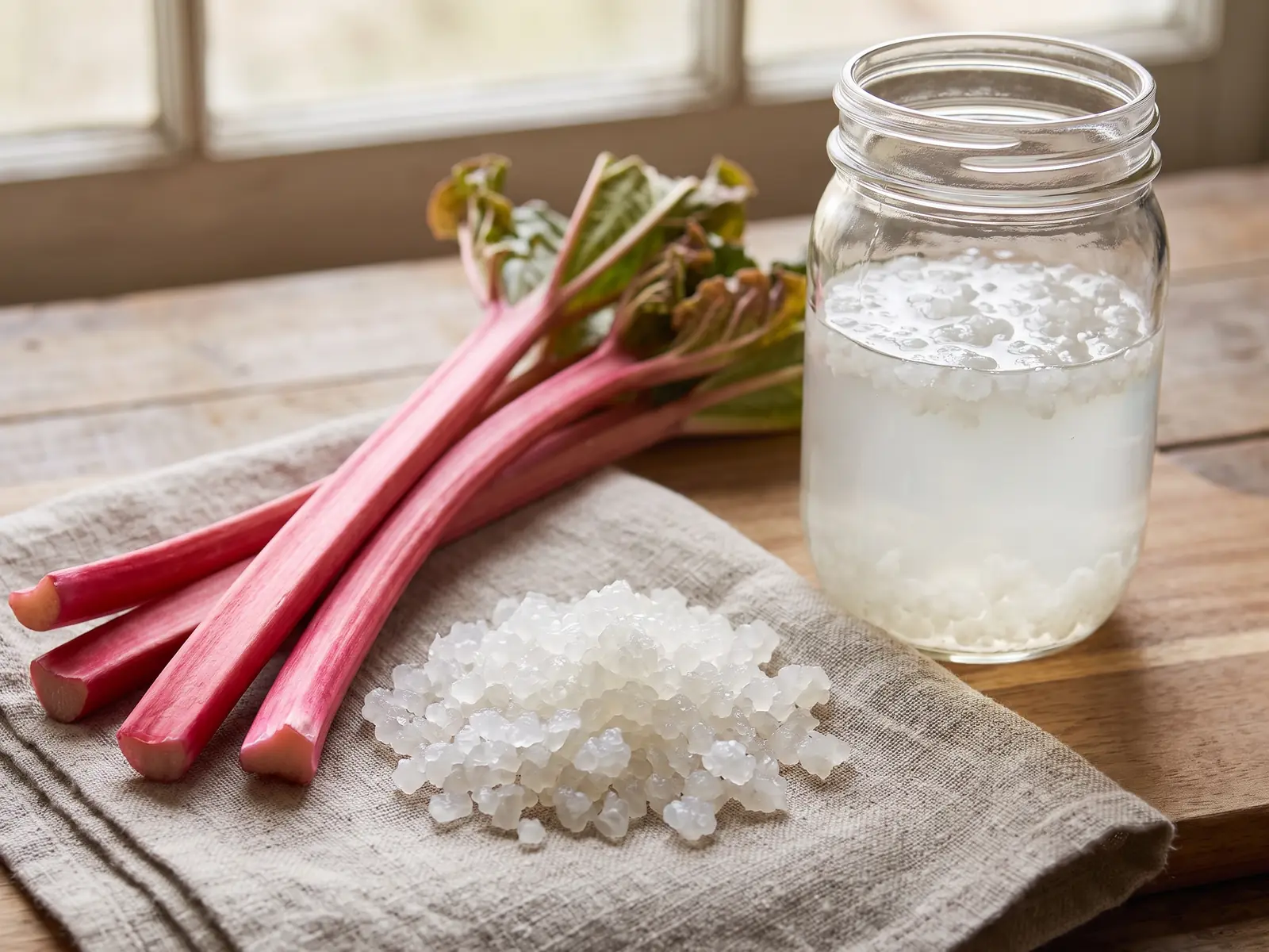 tweede fermentatie waterkefir Voorjaarsstilleven met doorschijnende waterkefirkorrels, roze rabarber, linnen doek en halfvolle pot.