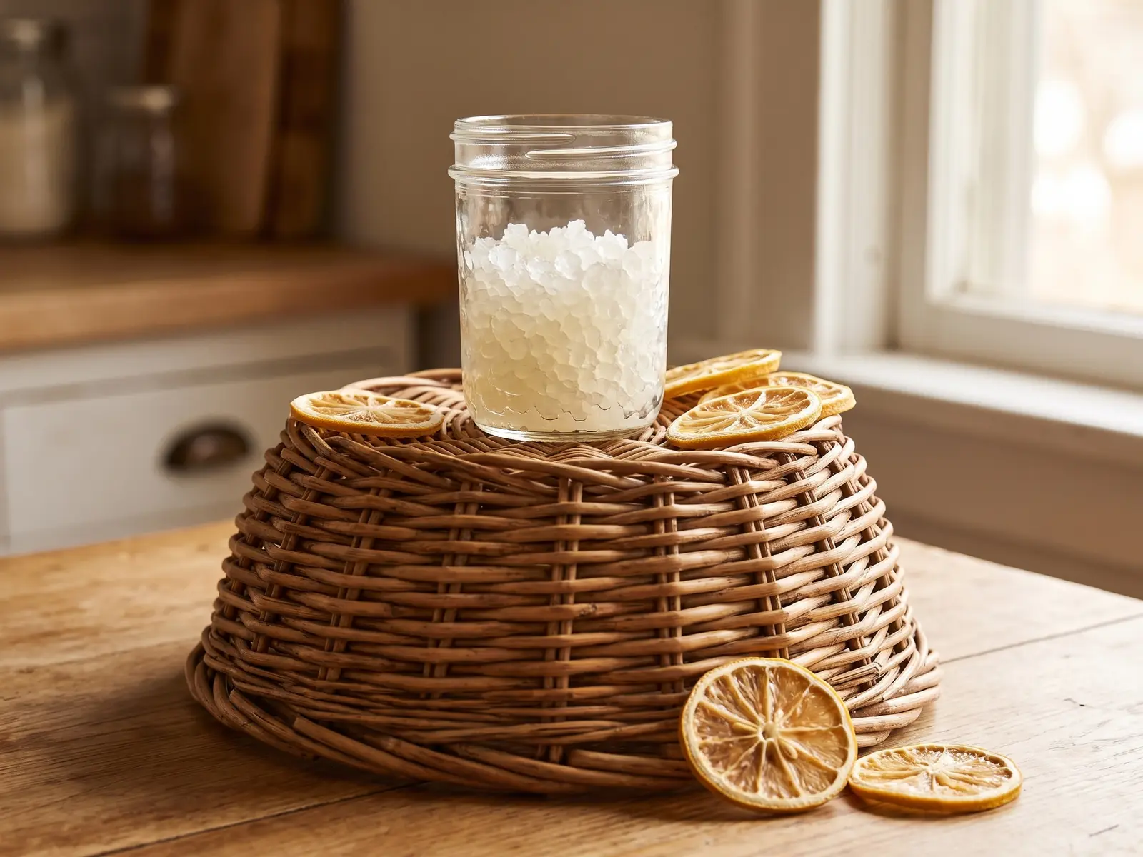 www waterkefir net Glazen pot met waterkefirkorrels op een omgekeerde rieten mand, met gedroogde citroen ernaast.