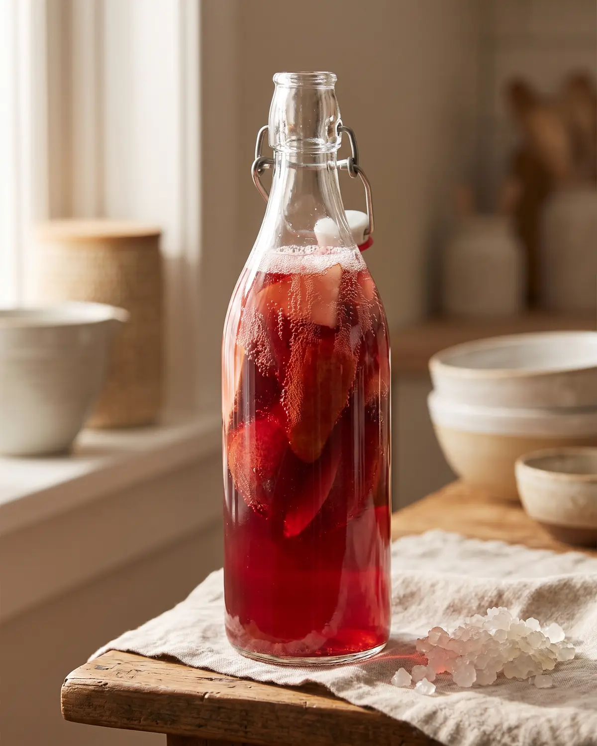waterkefir invriezen Fles waterkefir met rode peer en verticale bubbels, zonder korrels zichtbaar in het glas.