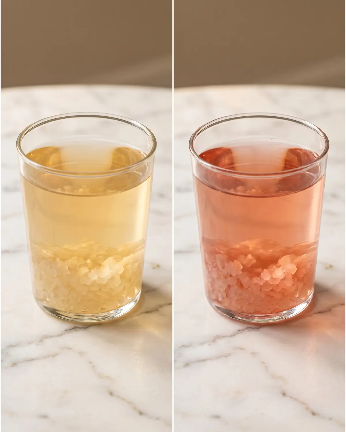 waterkefir Twee glazen waterkefir naast elkaar, één naturel en één met hibiscusinfusie in diepe roze tint.