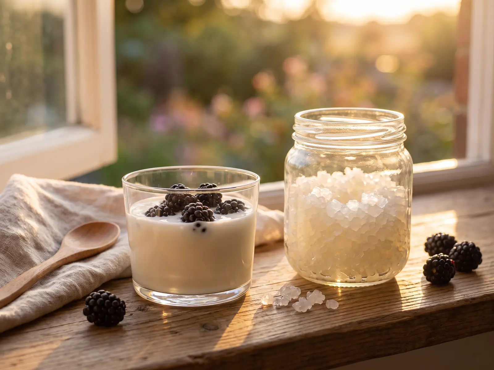 Glas waterkefir met bramen naast een pot tibicos bij het raam tijdens een zomerse avondzon.