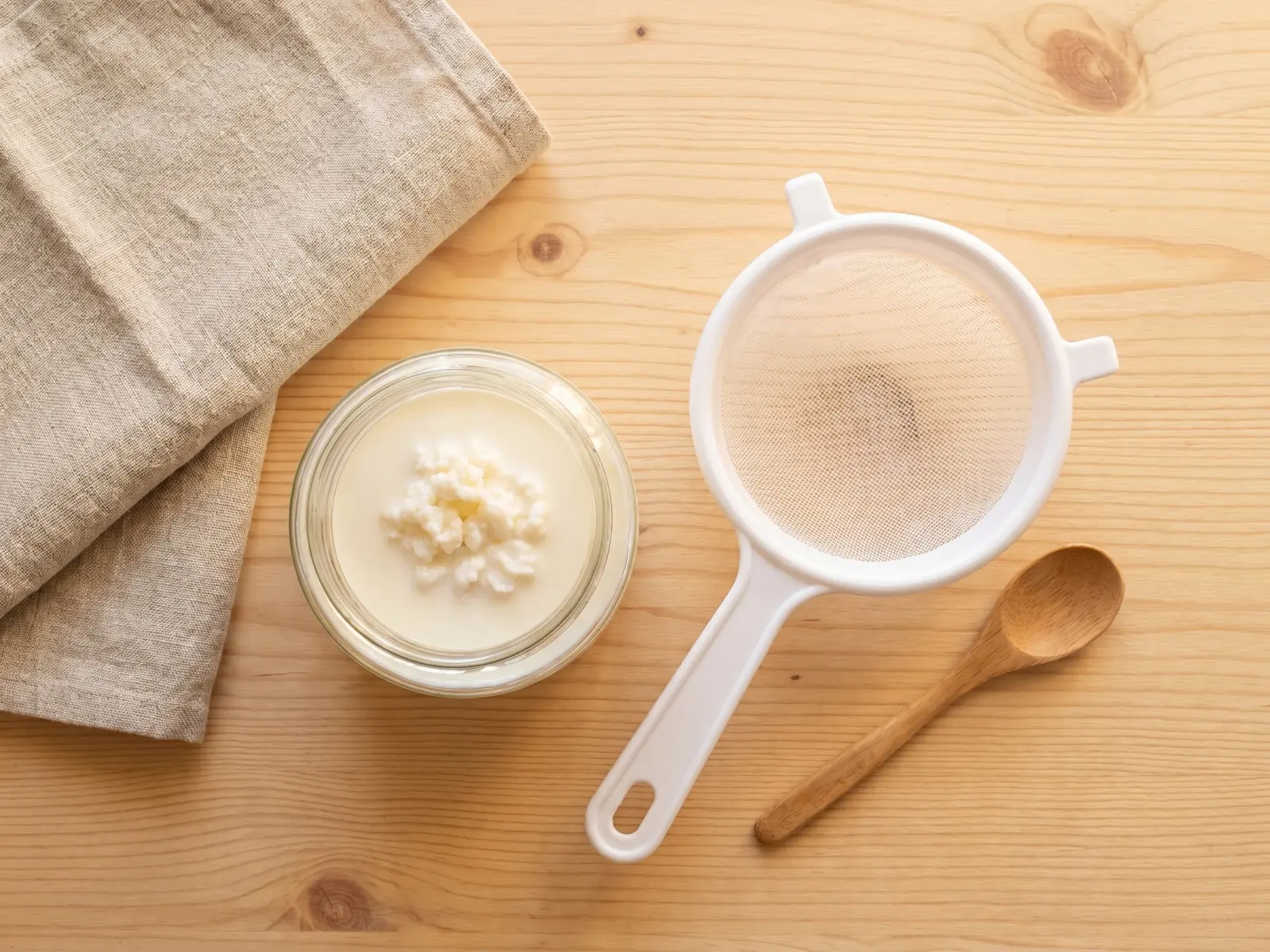 Pot met melkkefir op het aanrecht met witte zeef, houten lepel en linnen doek ernaast.