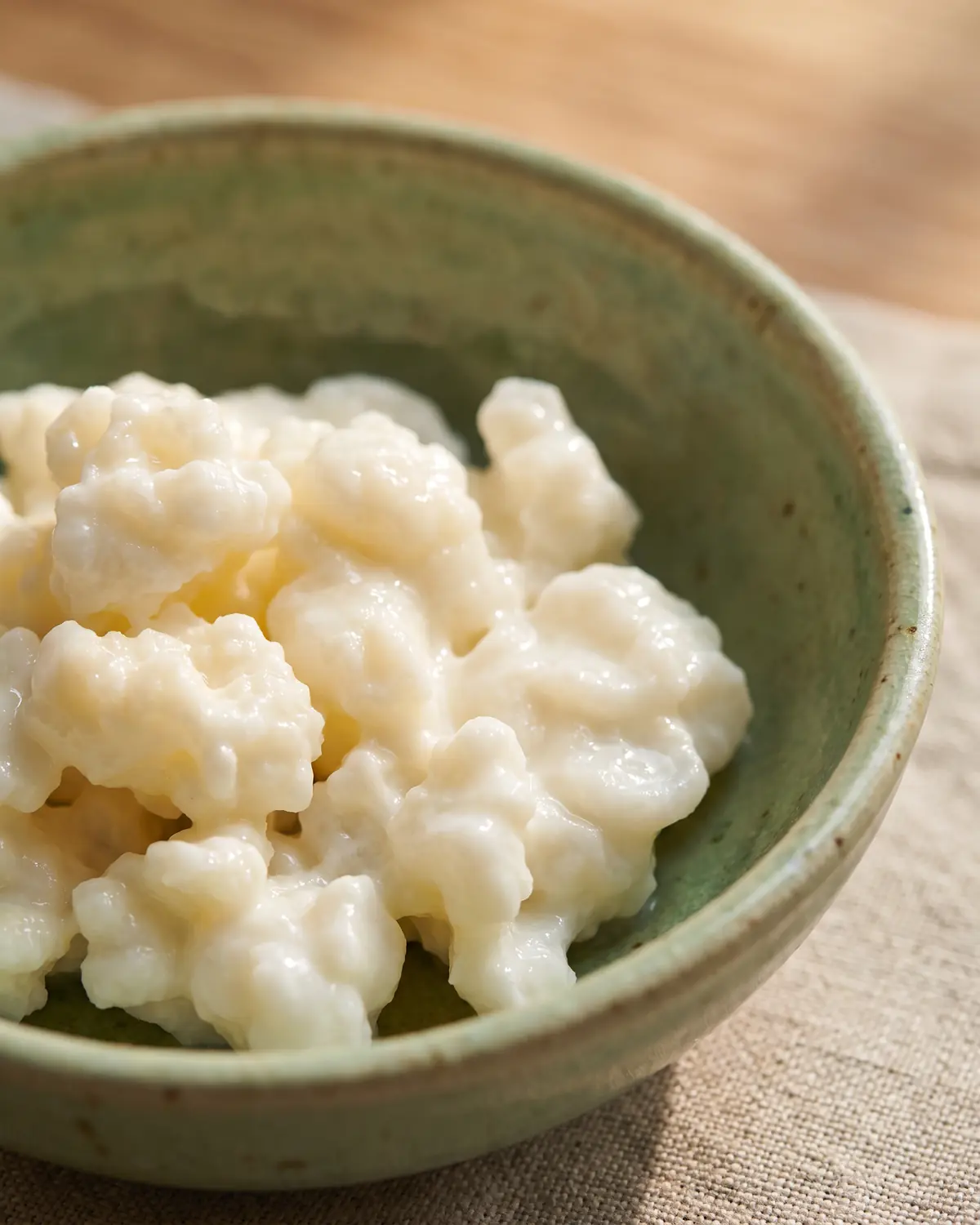 kefir borstvoeding Macrobeeld van melkkefirkorrels met bloemkoolachtige groeven en vochtige glans op lichtgroen keramiek.