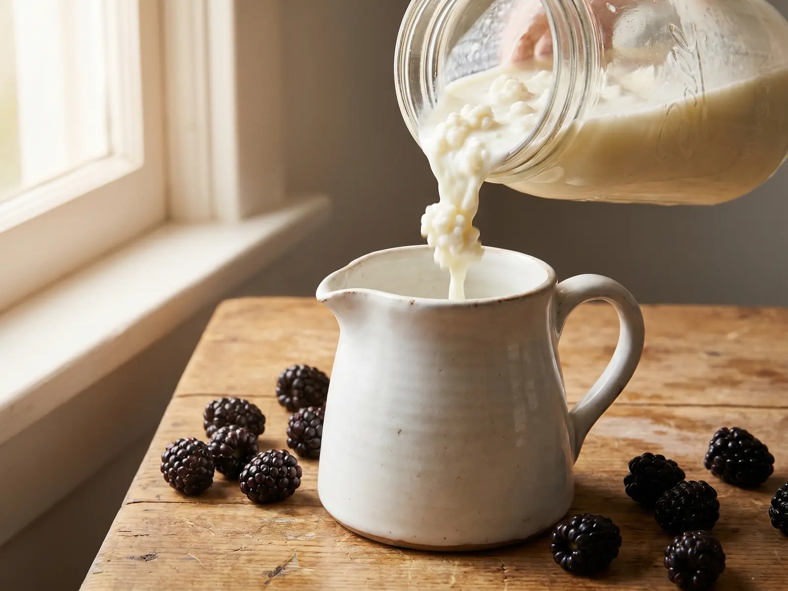 kefir borstvoeding Melkkefir in een witte keramische kan met verse bramen eromheen bij zacht licht van opzij.
