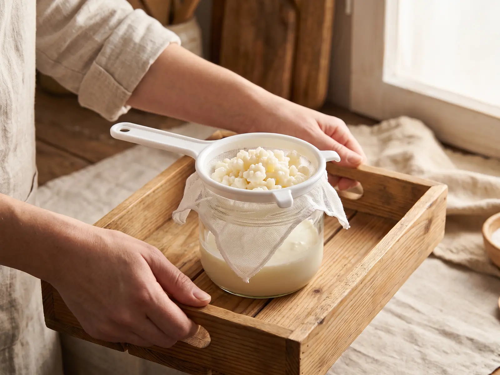 welke melk voor kefir Twee handen dragen een dennenhouten dienblad met een pot melkkefir, witte zeef en uitgelekte kefirkorrels.