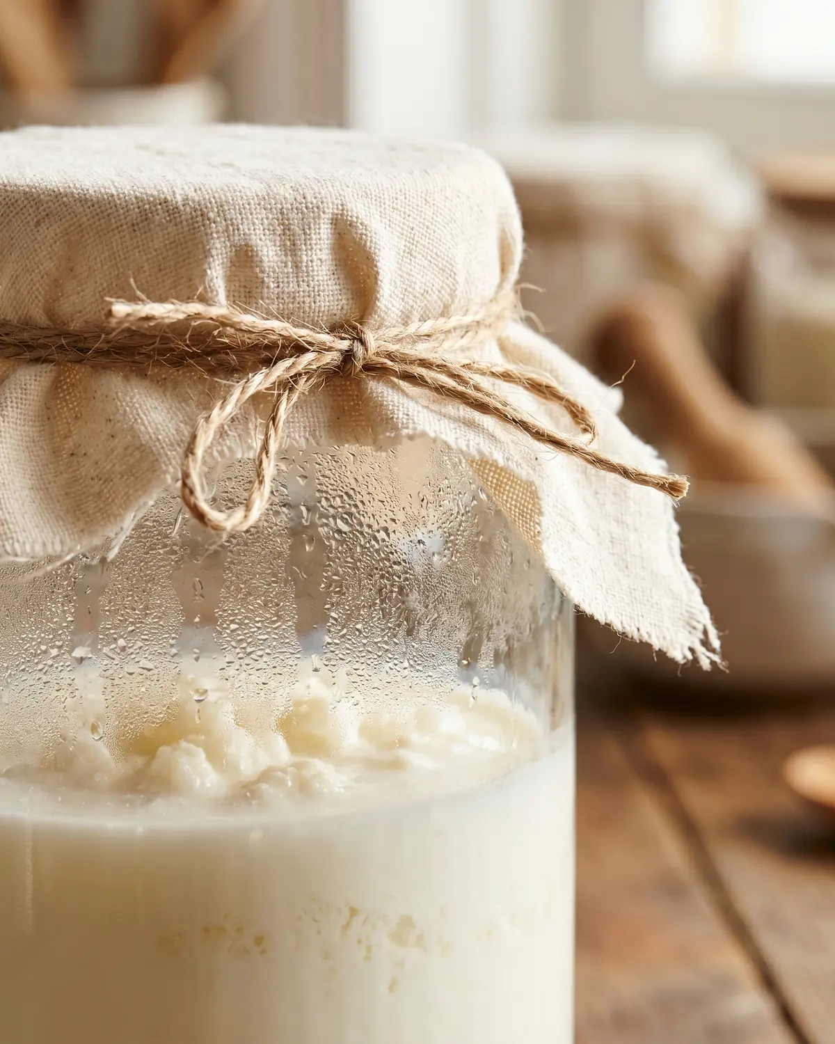 kefir diarree Detail van een glazen pot met witte melkkefir en een katoenen doek die bovenaan is vastgeknoopt.