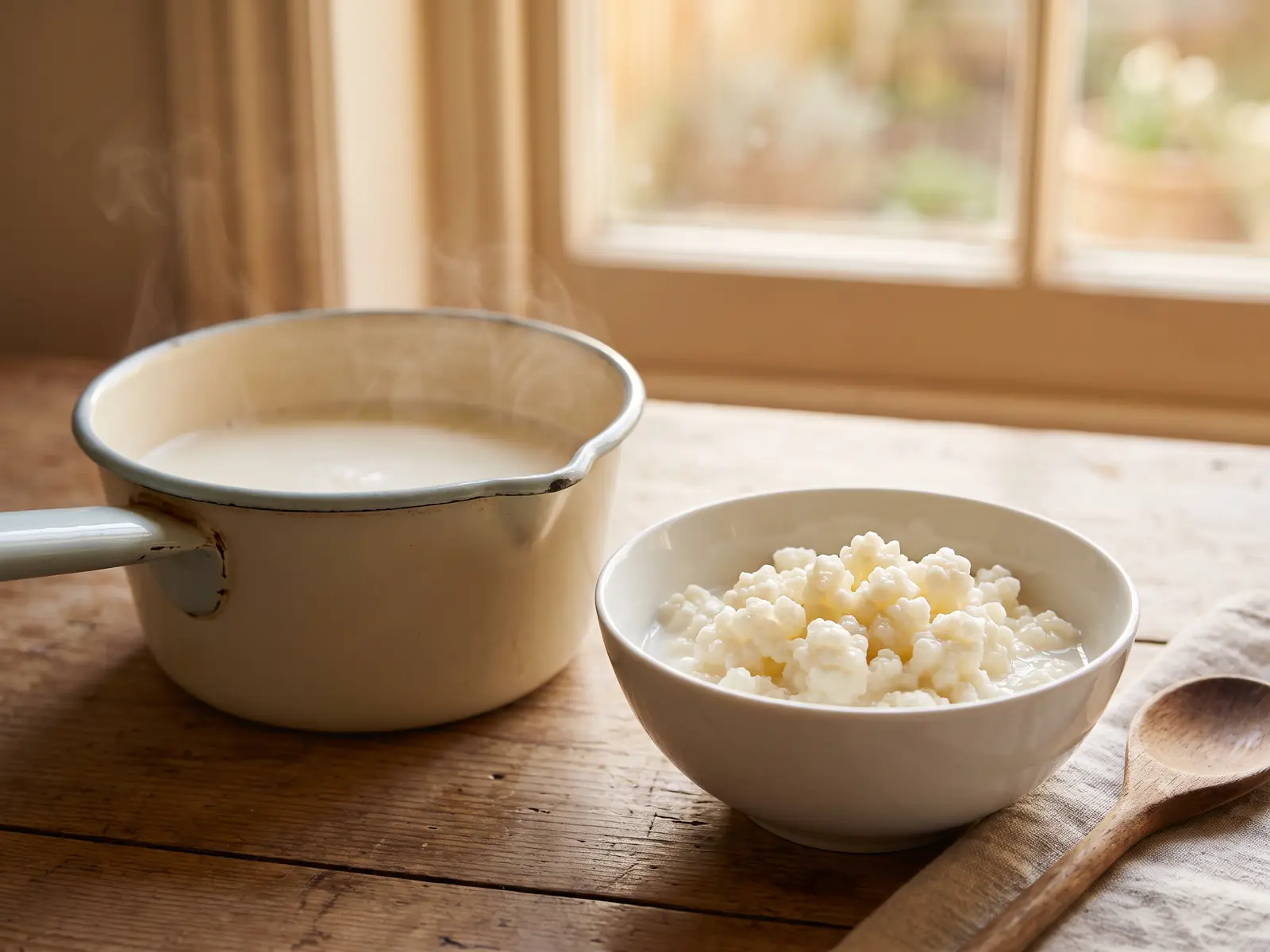 fermenteren boek Geëmailleerde pan met warme melk, kefirkorrels in een witte kom en zacht licht bij het raam.