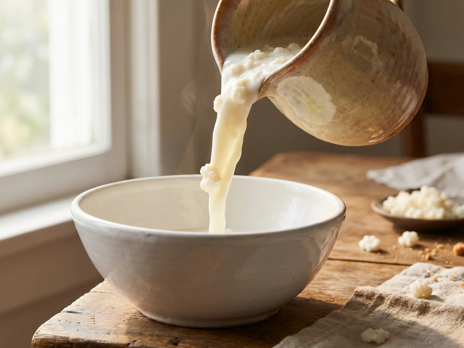 melk kefir Keramische kan schenkt dikke melkkefir in een witte kom bij zacht raamlicht.