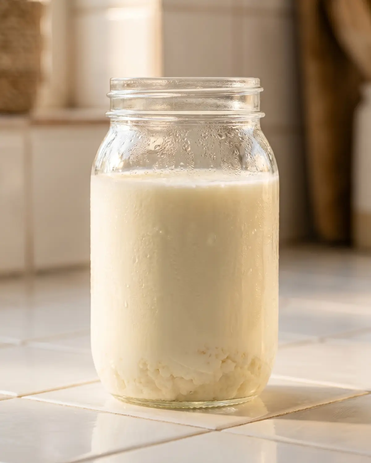 Glazen pot met melkkefir op witte tegels, met zachte condens en warm licht van een zijraam.