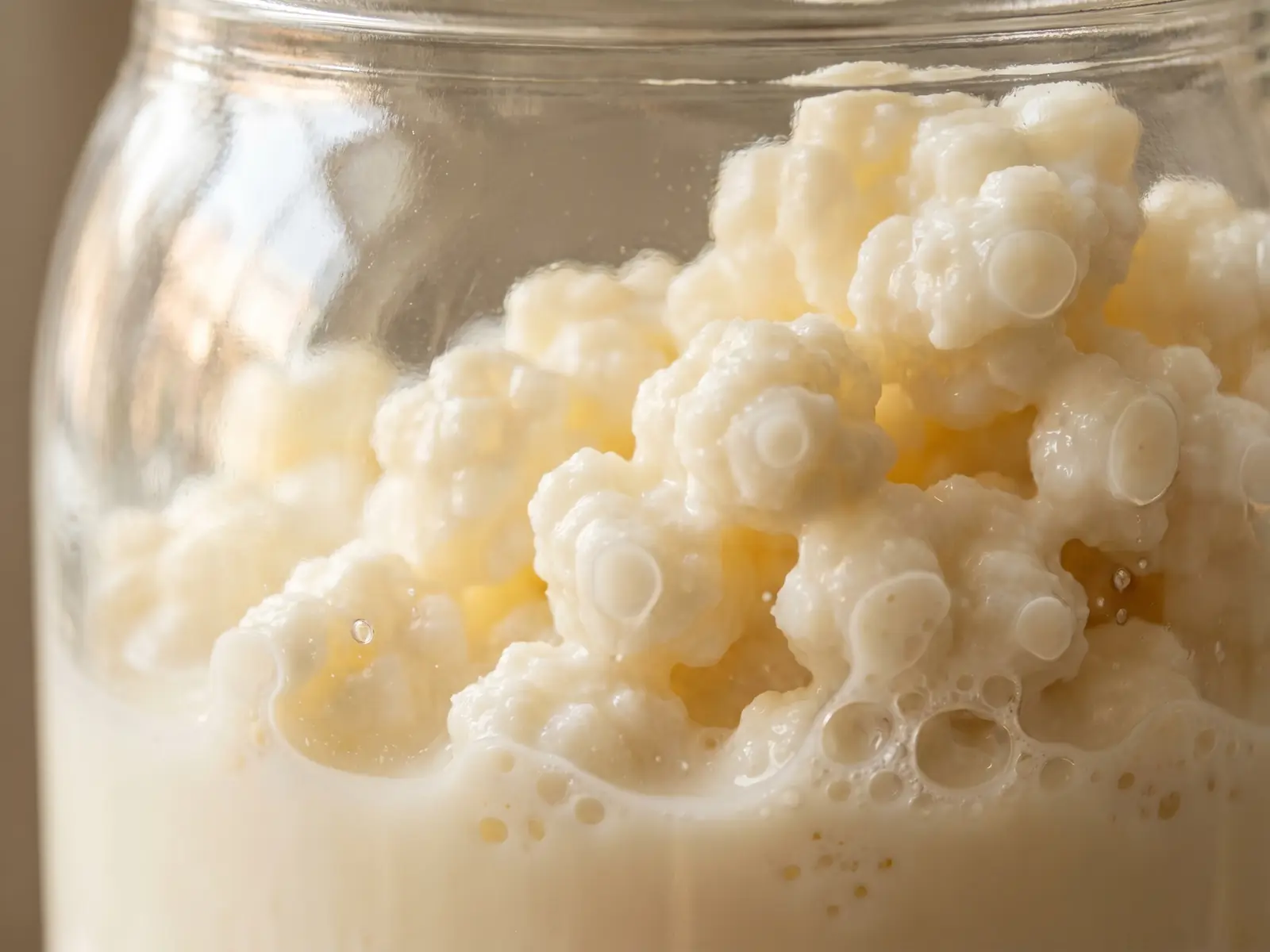 waar is kefir goed voor Detail van melkkefir in een glazen pot met korrels aan het glas en kleine belletjes in de romige melk.