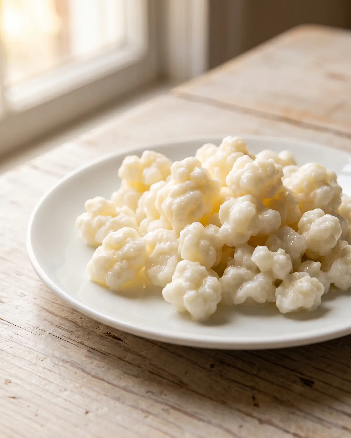 kefir gevaarlijk Kefirkorrels op een wit schaaltje met frambozen op de achtergrond, macrobeeld op licht hout.