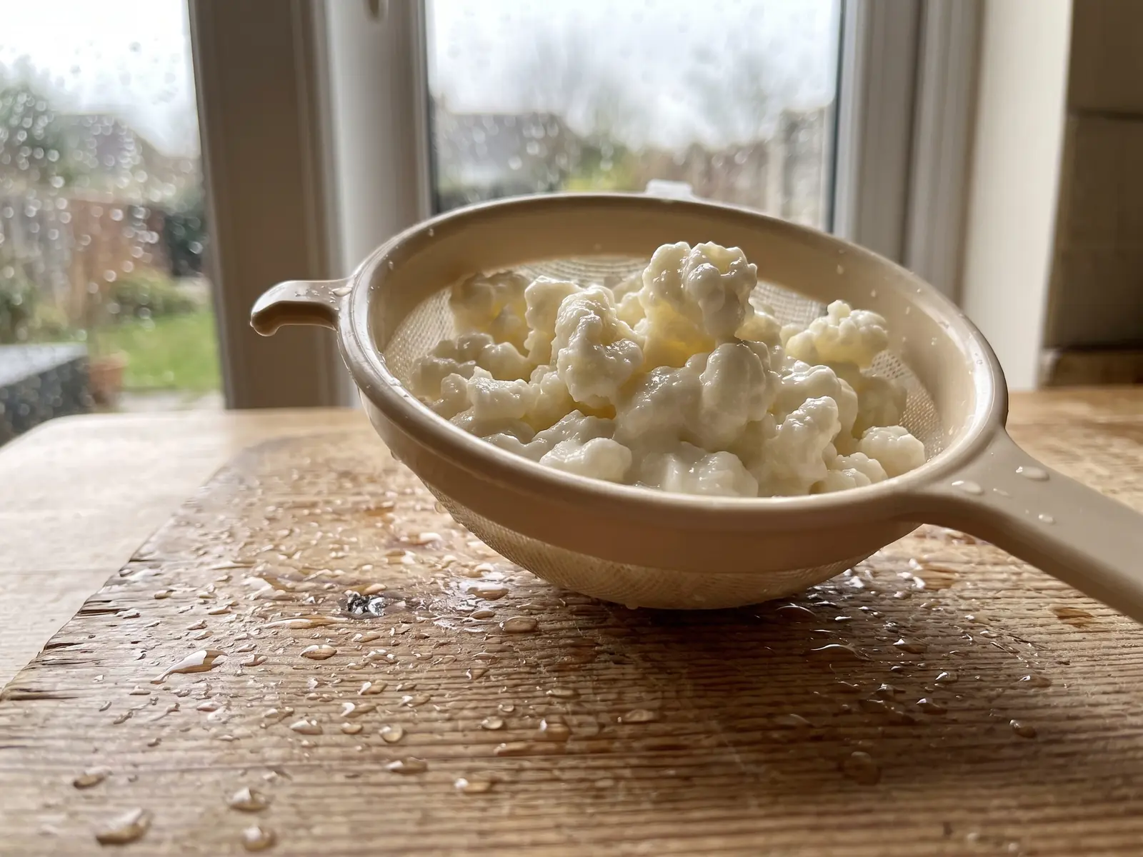 kefir voedingswaarde Vers uitgelekte melkkefirkorrels in een kunststof zeef op een natte grenen plank op een bewolkte dag.