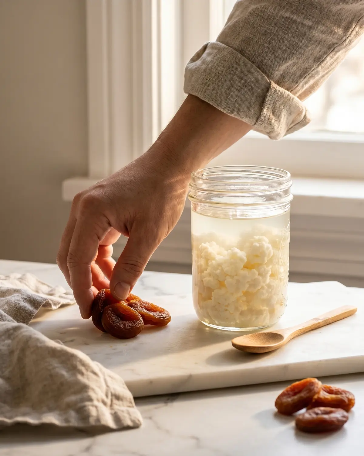 gefermenteerde groenten Een hand legt gedroogde abrikozen naast een pot melkkefir op wit marmer in een rustige keuken.