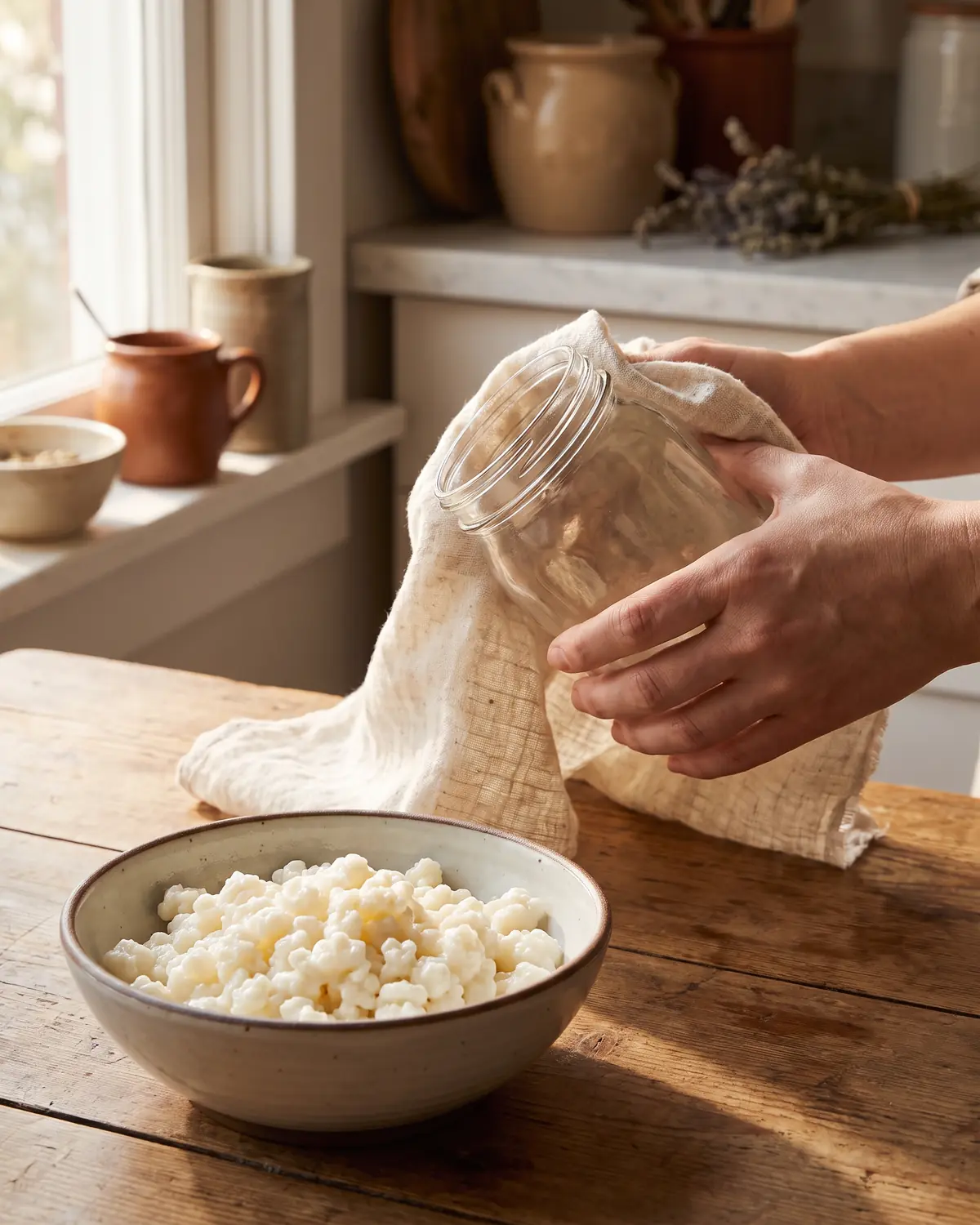 kefir verwarmen Hand droogt een glazen pot met linnen doek, terwijl een kom met melkkefirkorrels klaarstaat.