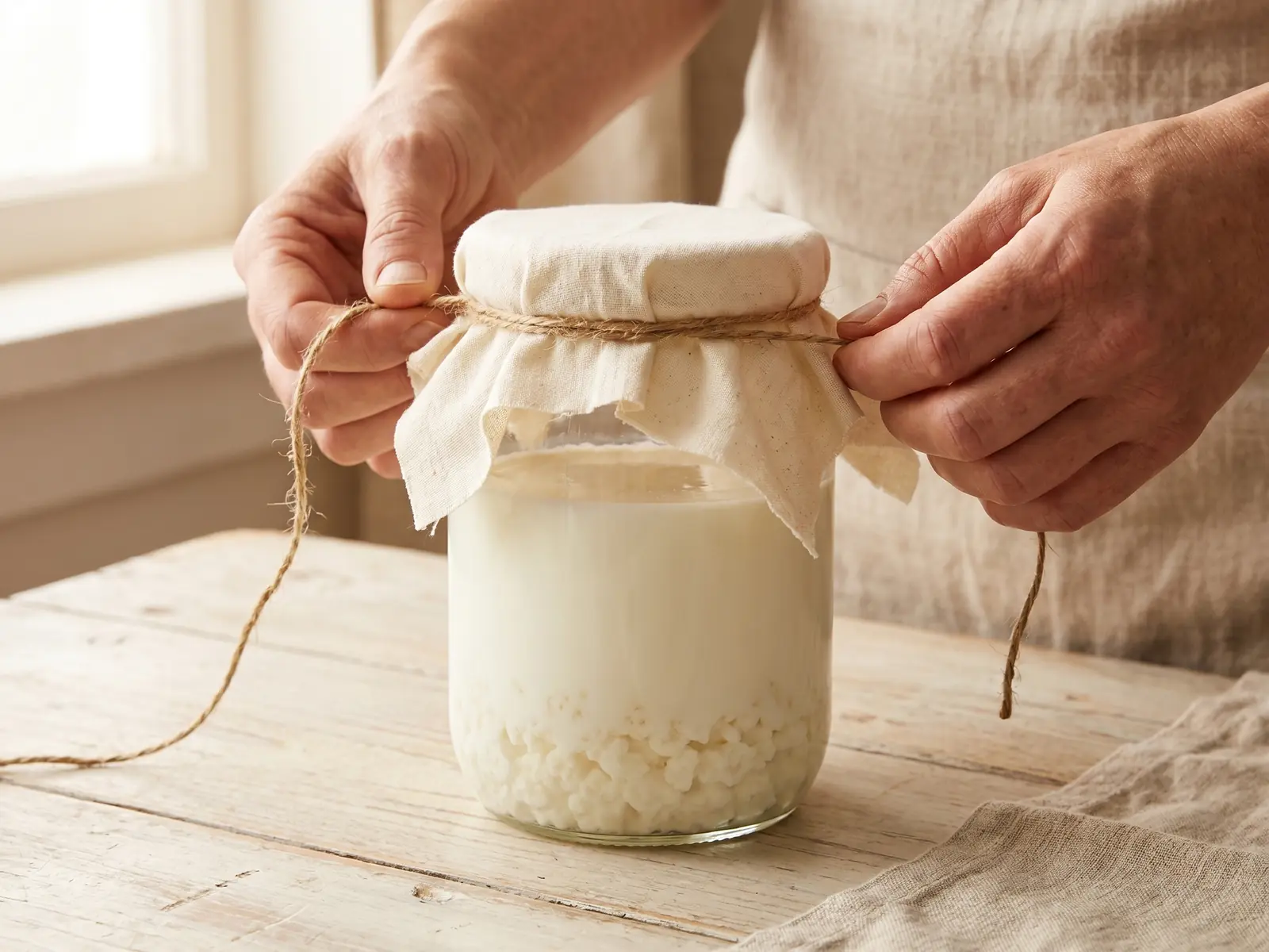 Hand die een katoenen doek met touw vastmaakt op een pot verse melkkefir op een lichte tafel.