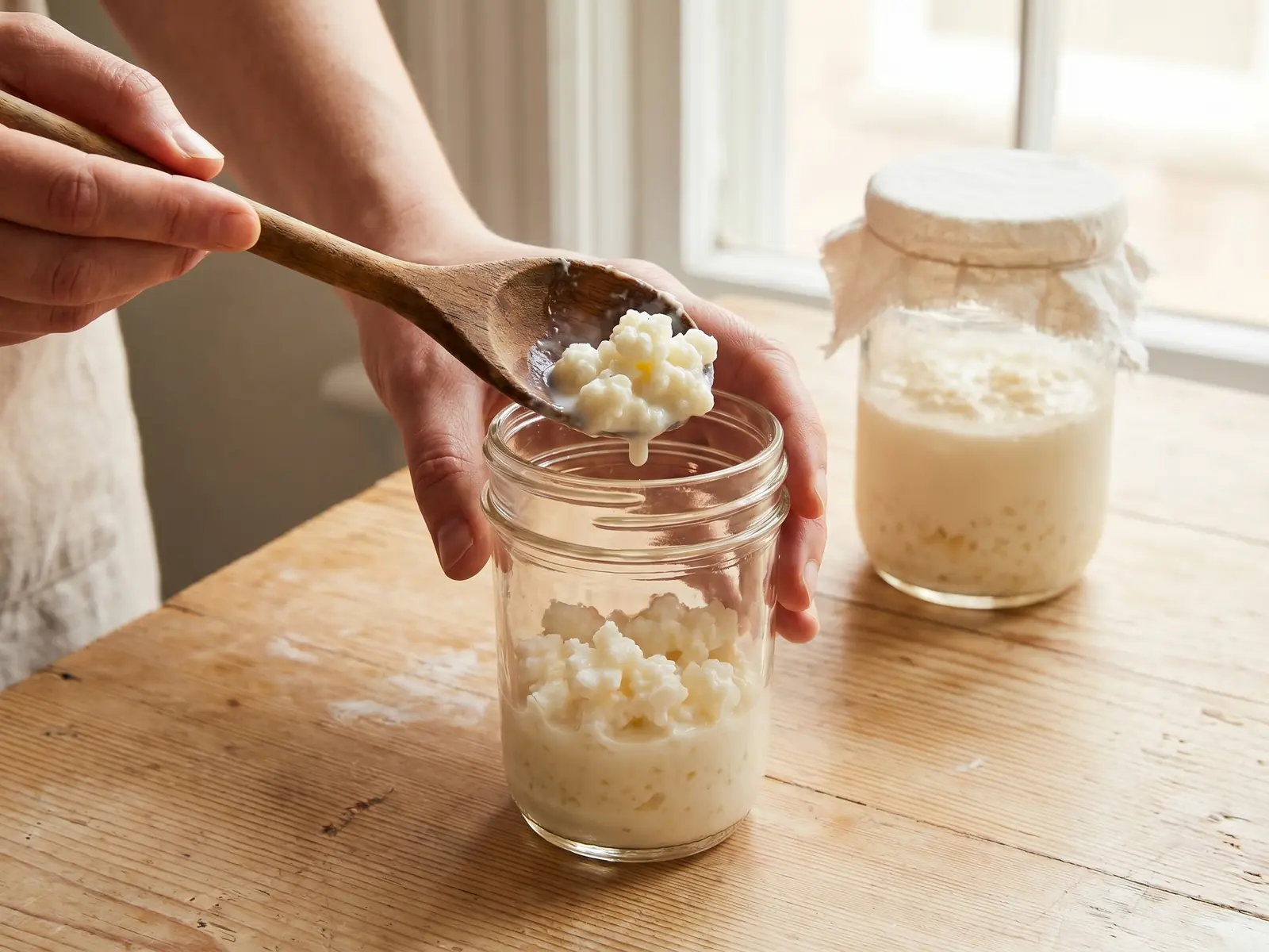 kefir korrels ekoplaza Hand voegt melkkefirkorrels met een houten lepel toe aan een glazen pot op licht dennenhout.