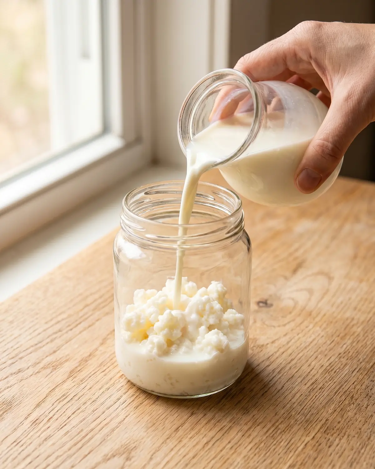 Hand schenkt verse melk over melkkefirkorrels in een glazen pot voor thuisfermentatie.