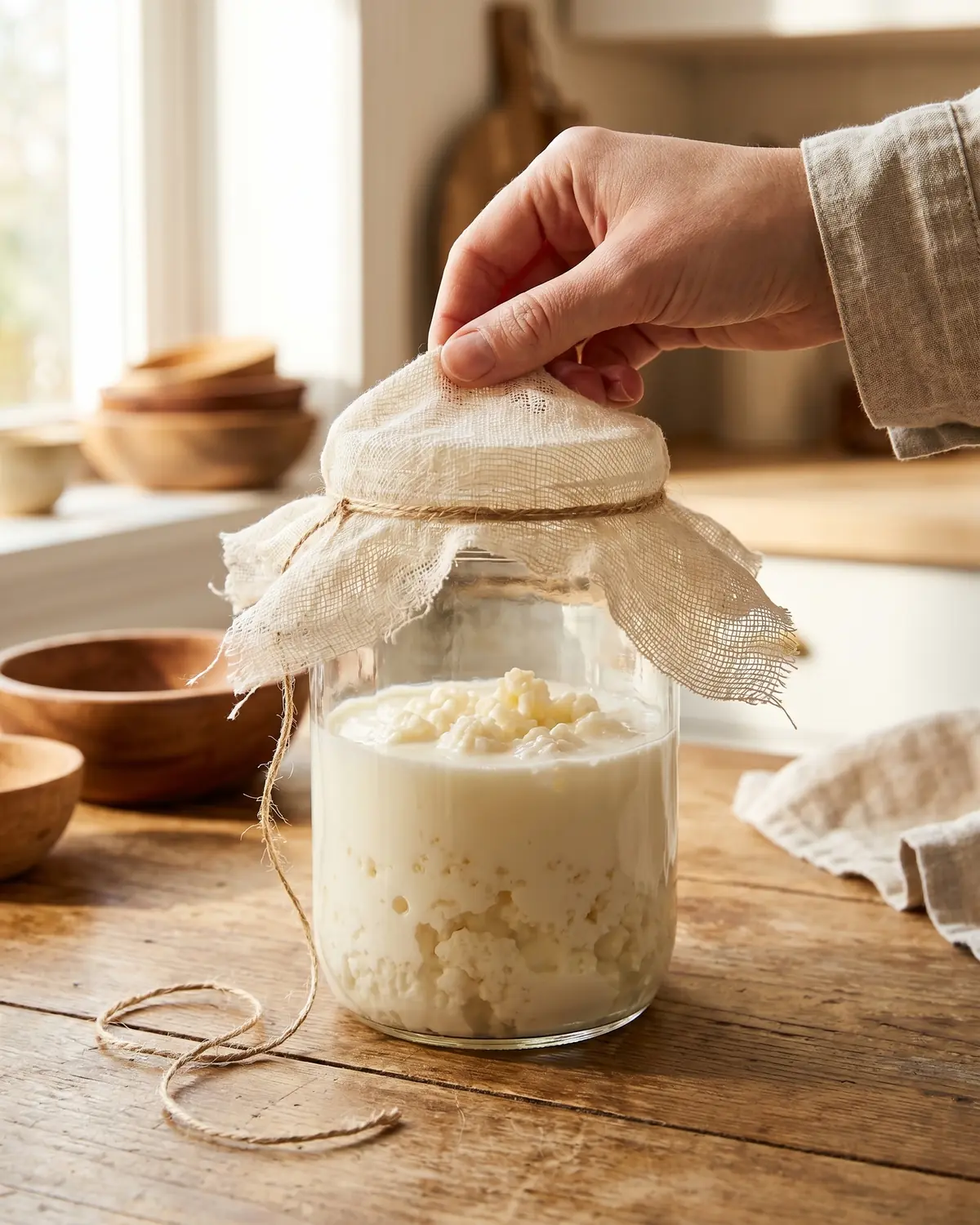 Een hand haalt de doek van een kefirpot met los touw en zacht ochtendlicht in de keuken