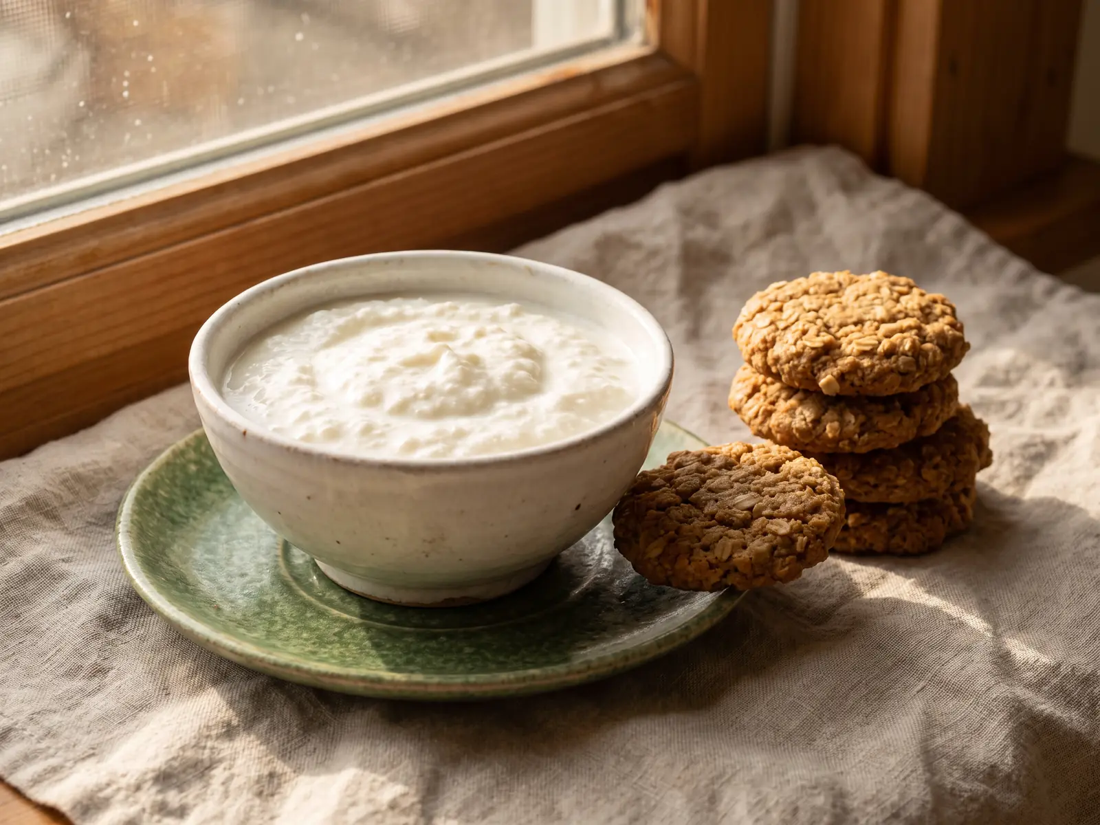 kefir afvallen Huiselijke snack met havermoutkoekjes, een kom natuurlijke kefir en een groen schoteltje bij warm raamlicht.