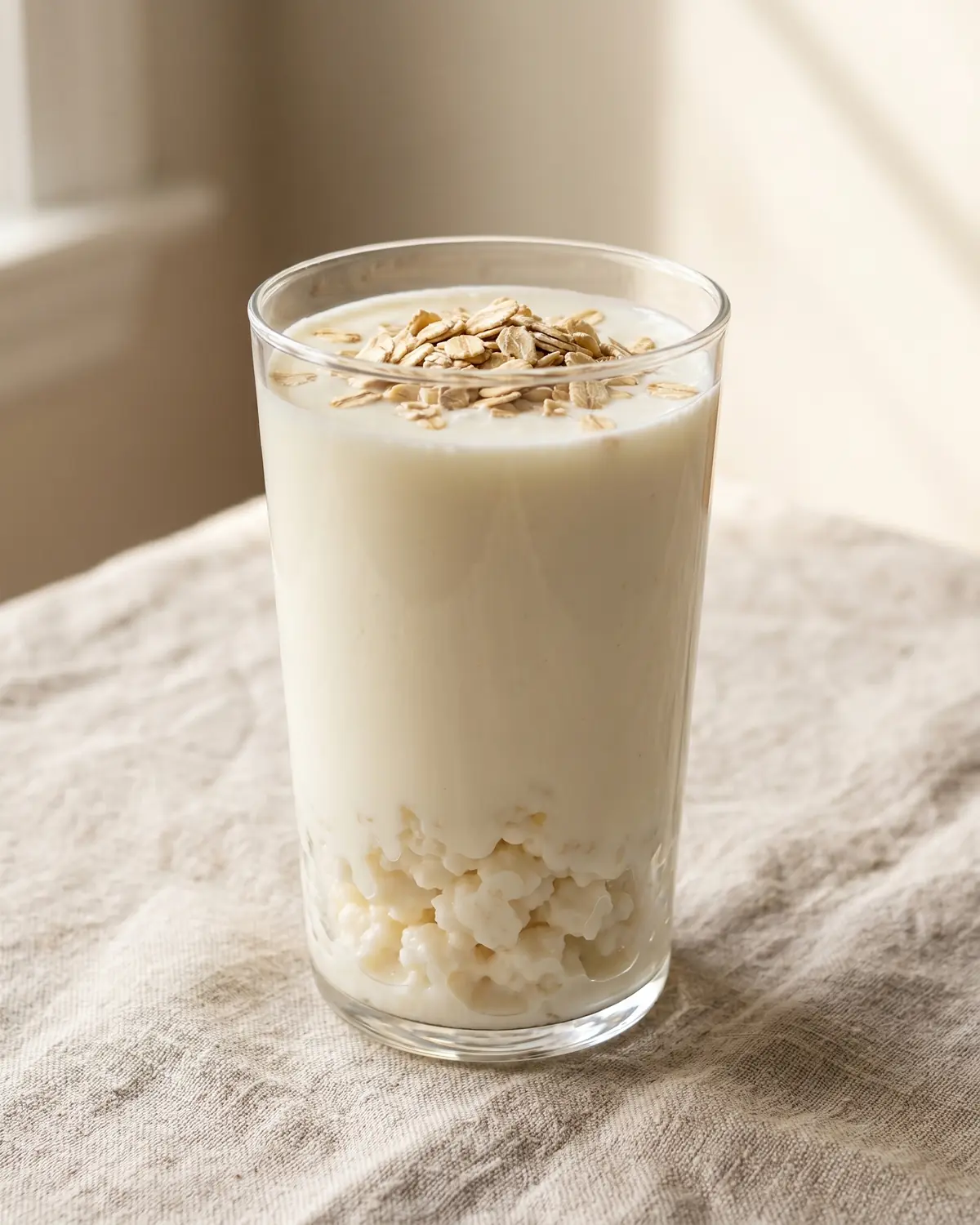 Hoog glas melkkefir met havervlokken bovenop, rustig gestyled op een ondergrond van grof linnen.