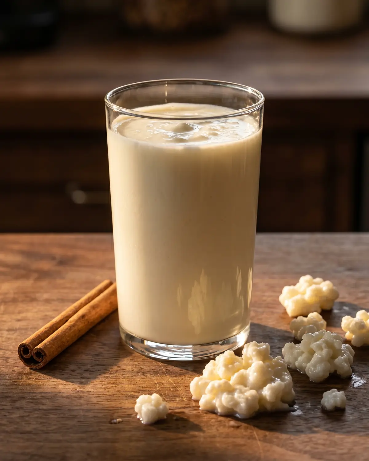 waar is kefir goed voor Hoog glas met afgewerkte melkkefir naast kaneel op donker hout in warm, goudkleurig licht.