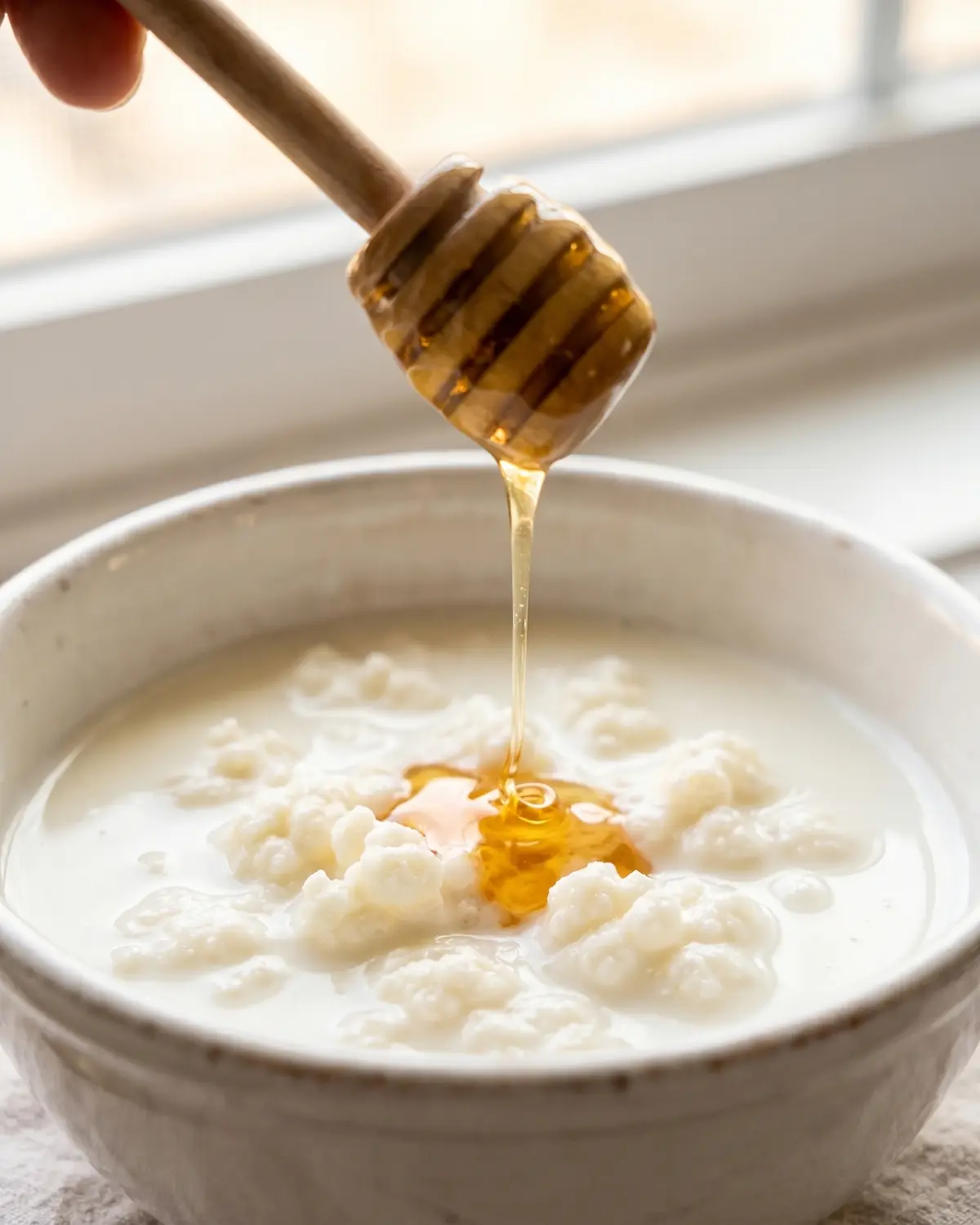 gefermenteerde thee Dunne straal honing valt in een witte kom met romige kefir, met een hand vaag op de achtergrond.