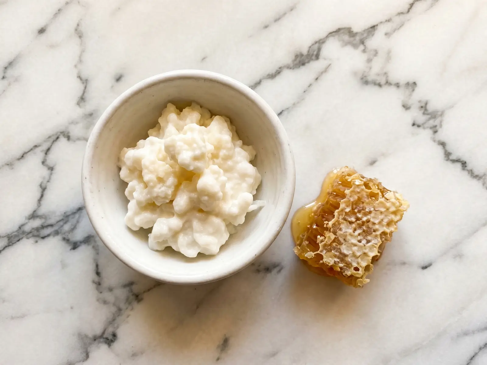 Kom met natuurlijke melkkefir naast honingraat op licht marmer, warm van bovenaf belicht.