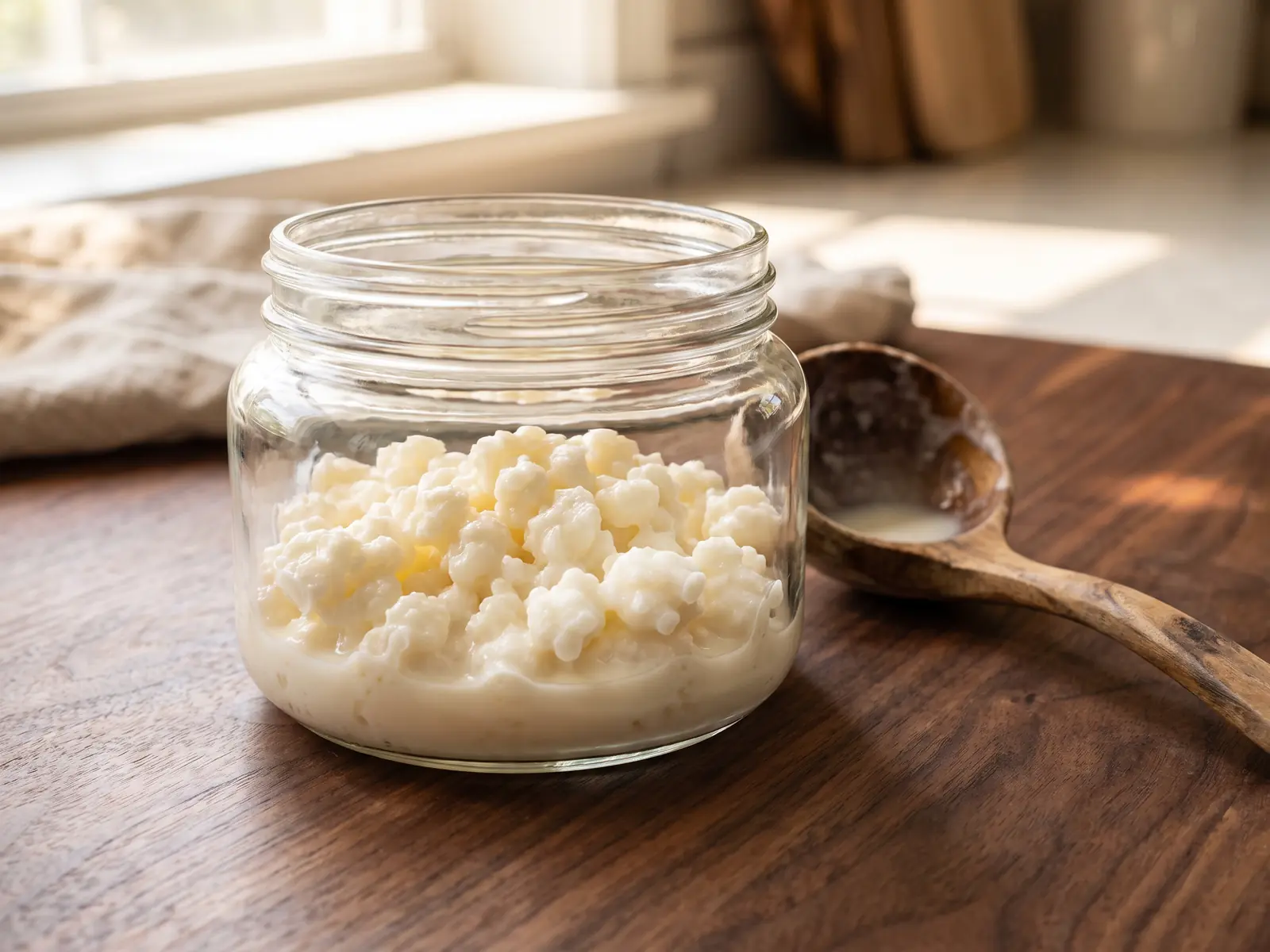 kefiralia review Brede pot met melkkefir en zichtbare korrels op donker notenhout met zacht persianenlicht.