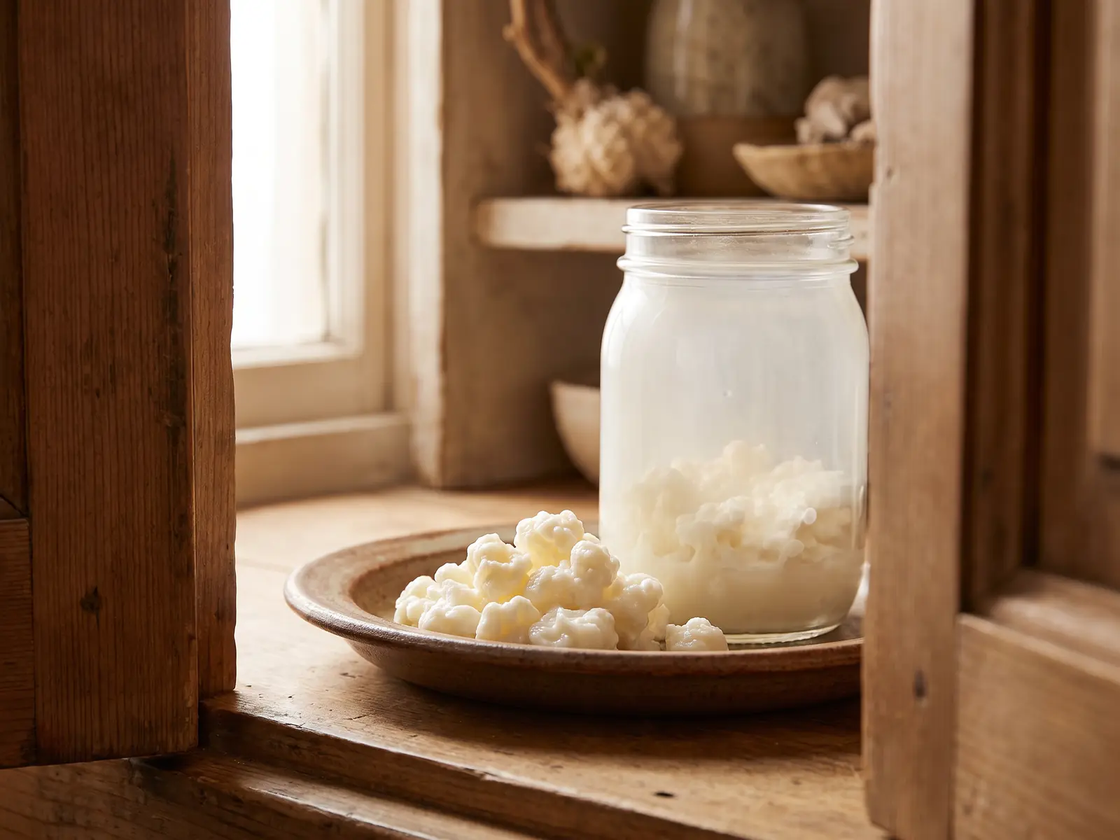 gefermenteerde thee Open kast met een melkachtig fermentatiepotje op een bord en zichtbare korrels in warm licht.