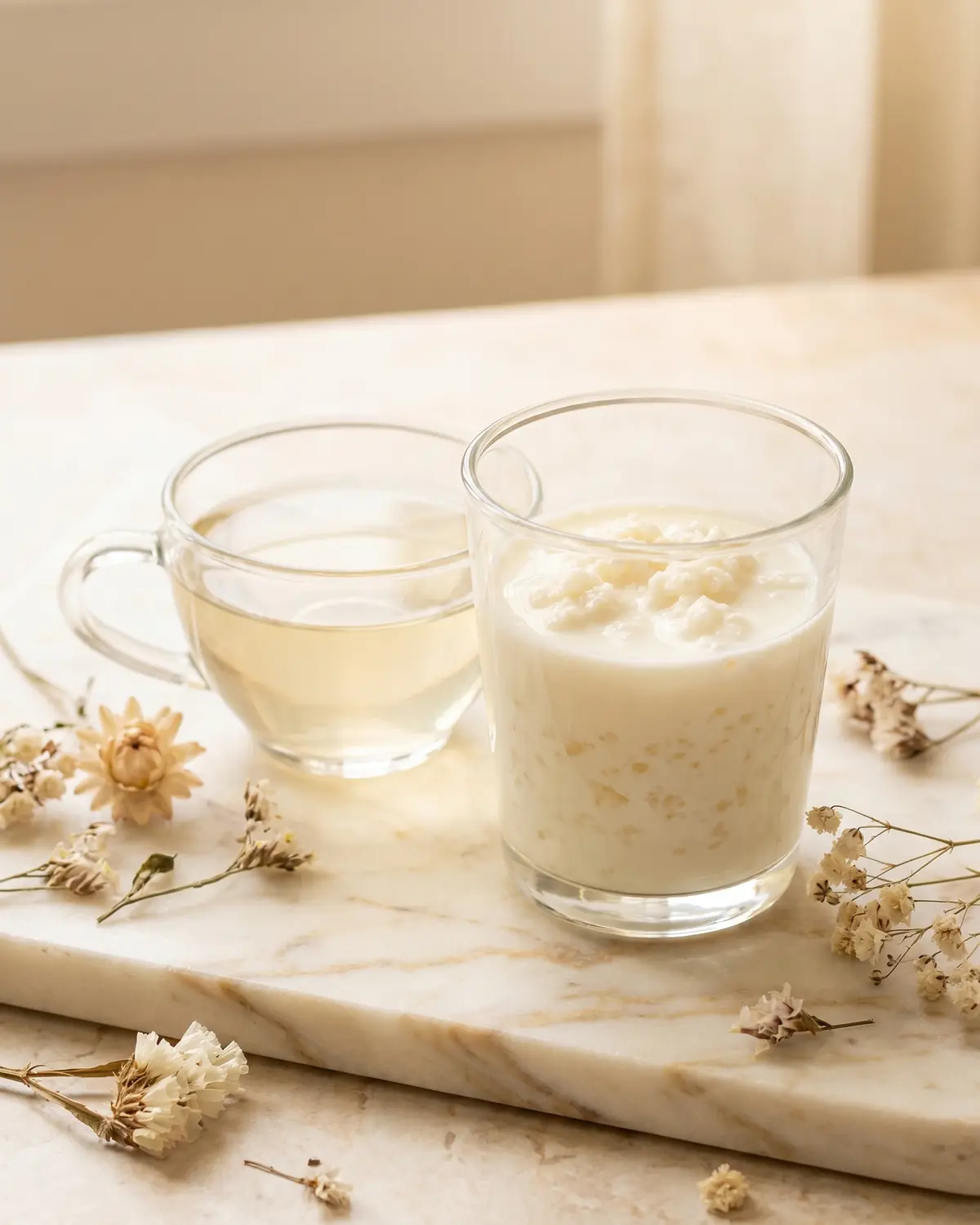 melkkefir maken Klein glas melkkefir naast lichte thee, gedroogde bloemen en geaderd marmer voor een rustig moment