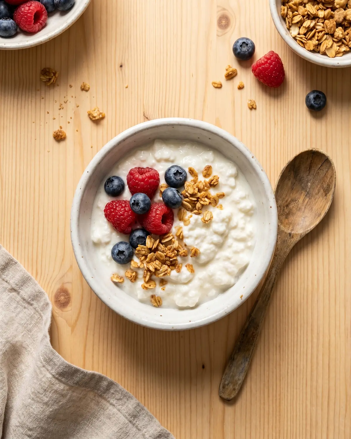 Kom met romige melkkefir, rood fruit, granola en een houten lepel op een rustige ontbijttafel