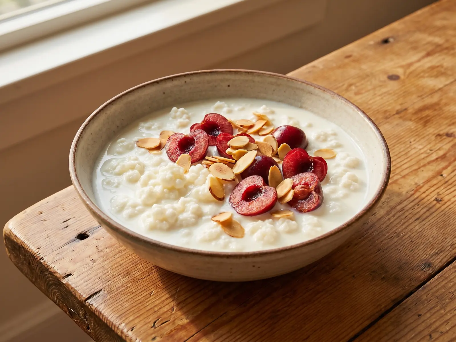 kefir maken Kom met romige melkkefir, halve kersen en geroosterde amandelen op een houten ondergrond.