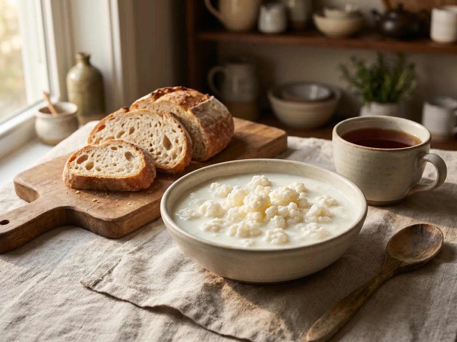 kefir kopen turkse winkel Kom met melkkefir naast thee, rustiek brood en linnen op een rustige mediterrane tafel.