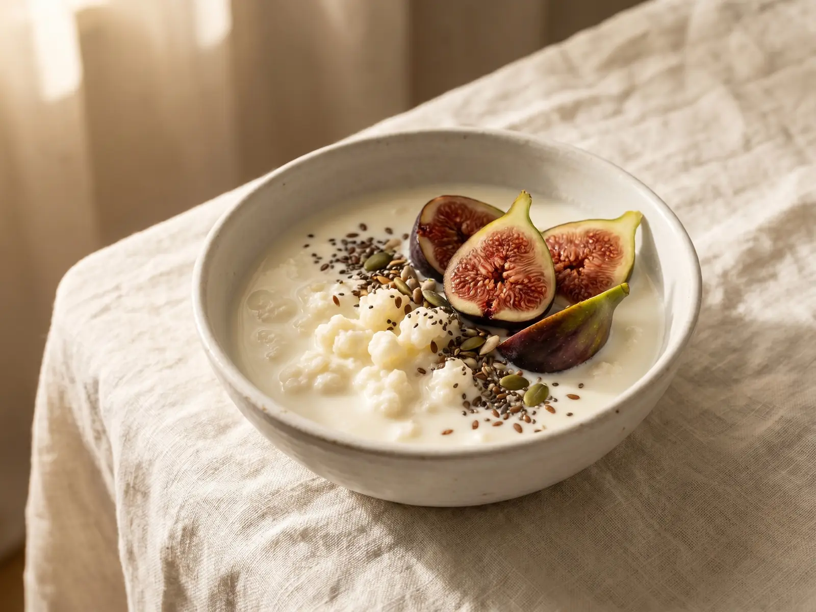 kefir plantje Kom met romige melkkefir, verse vijgen en zaden op gekreukt linnen in een rustige keukensfeer.