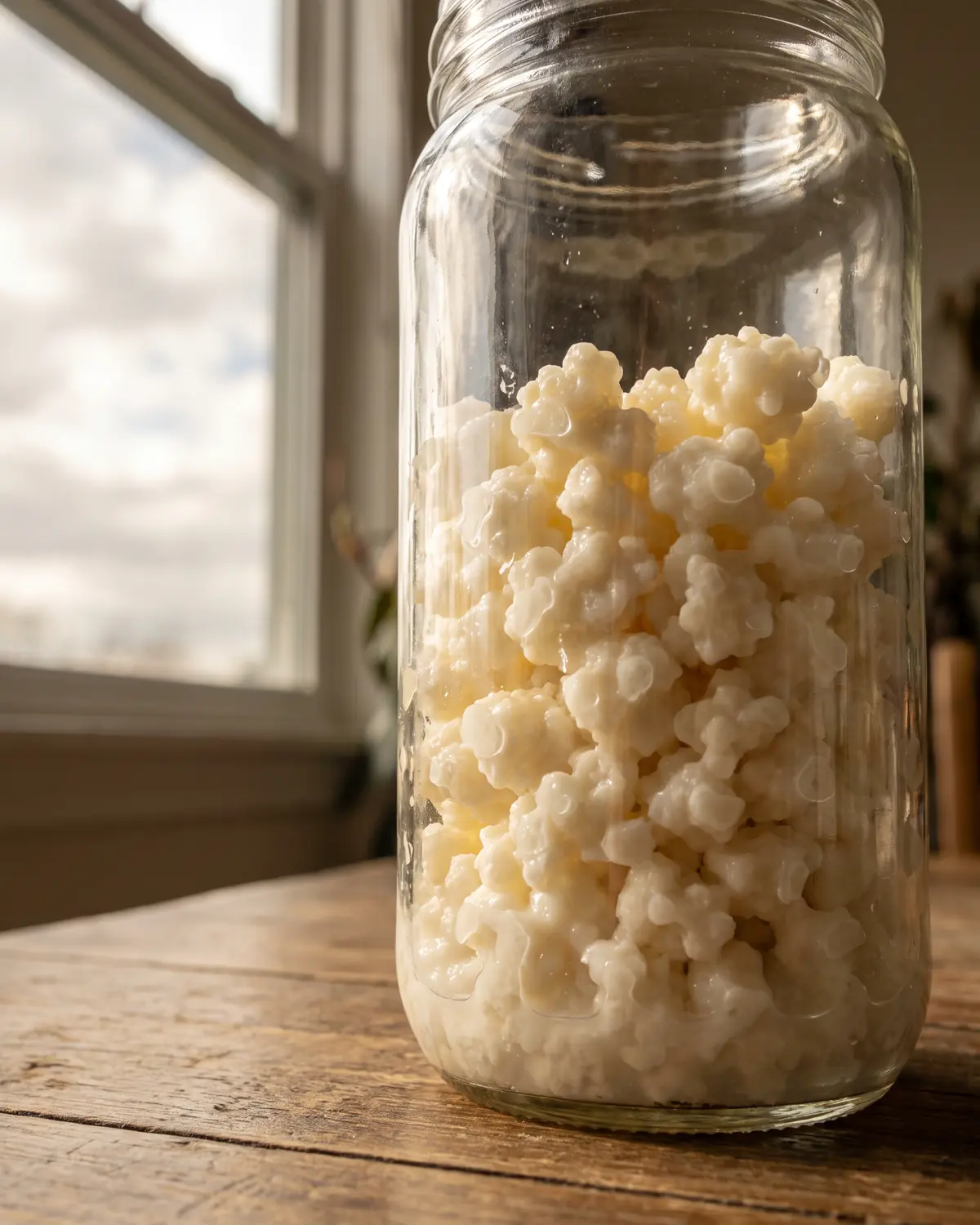 kefir eczeem Hoge pot met melkkefir vanaf laag perspectief op tafel, met korrels zichtbaar tegen een bewolkt raam.