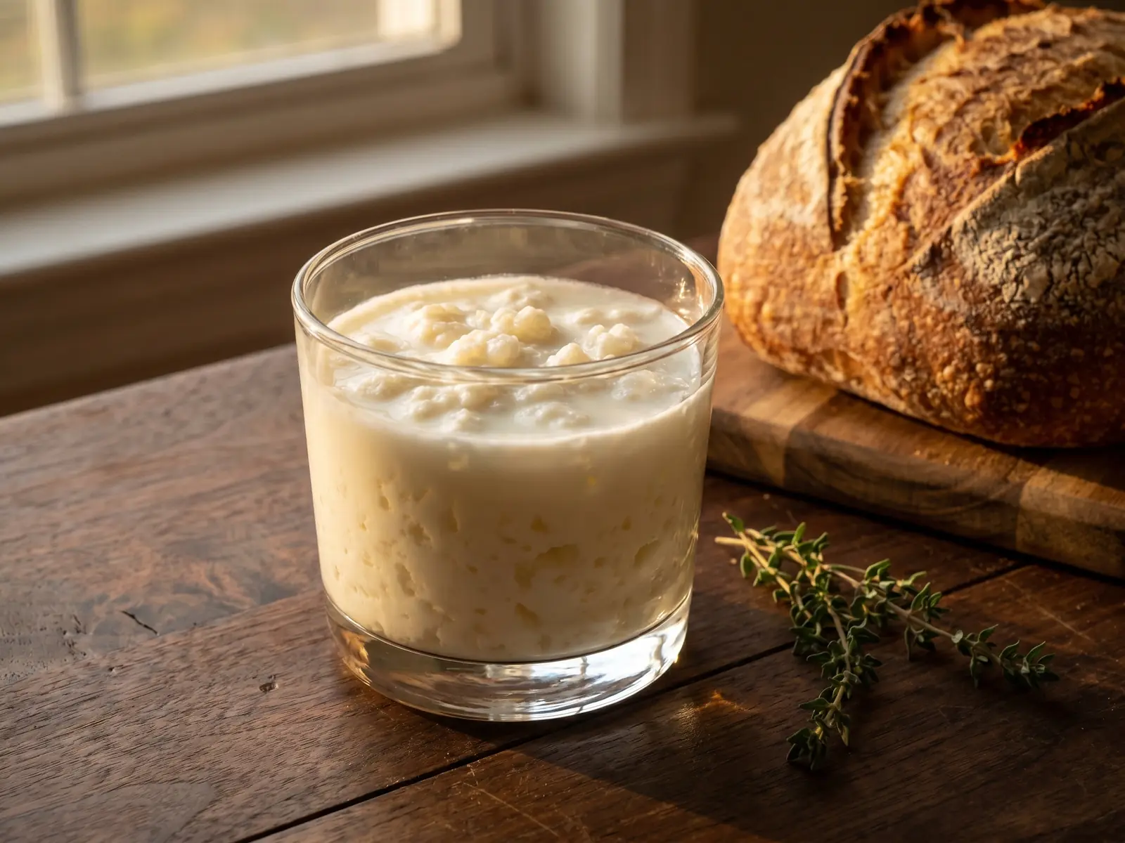 kefir of water Romige kefir in een laag glas op donker notenhout, met rustiek brood, tijm en warm gedempt licht.