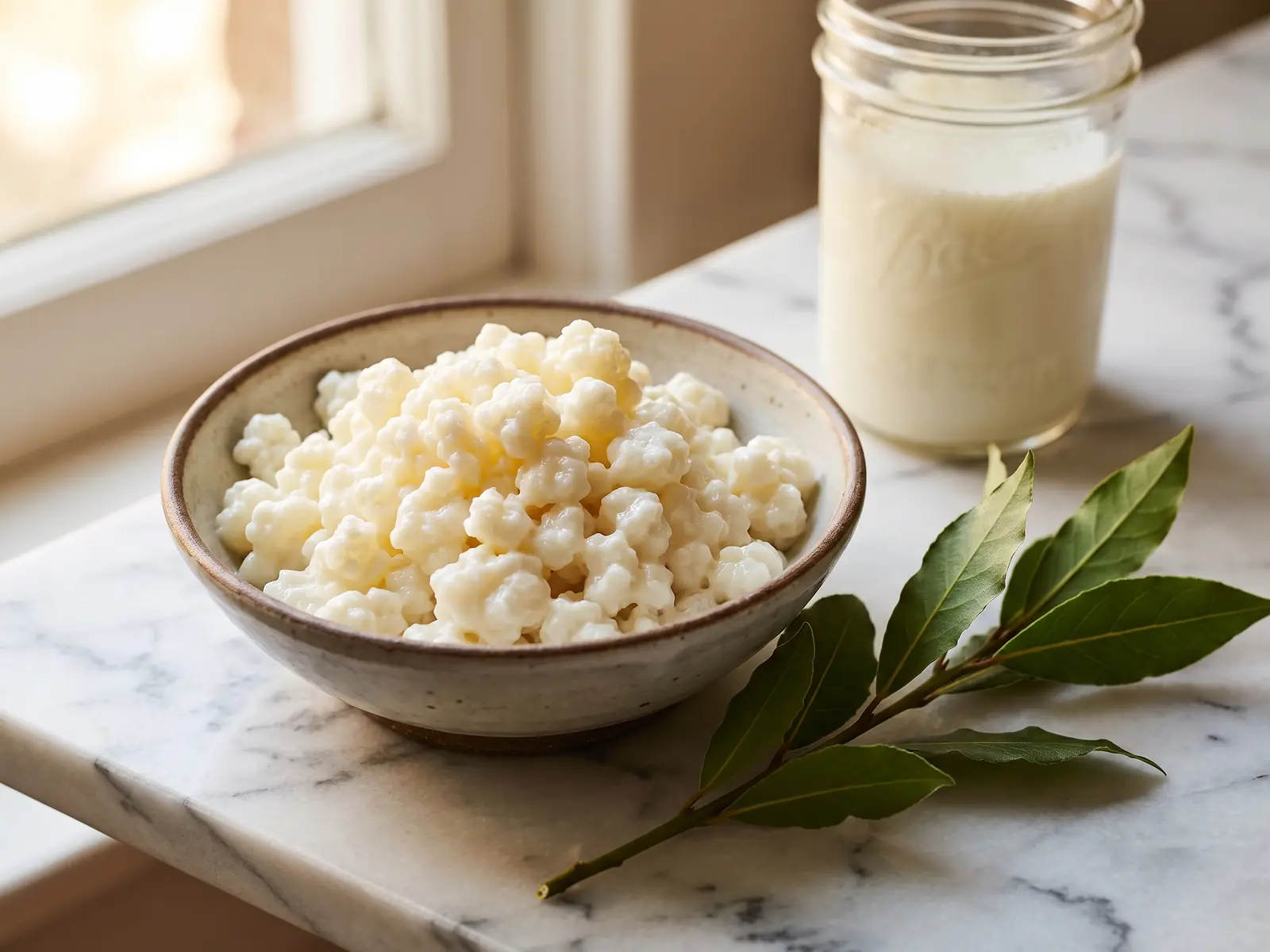 rauwe melk kefir ongezond Kom met kefirkorrels en een romige pot melkkefir op wit marmer met een tak verse laurier.