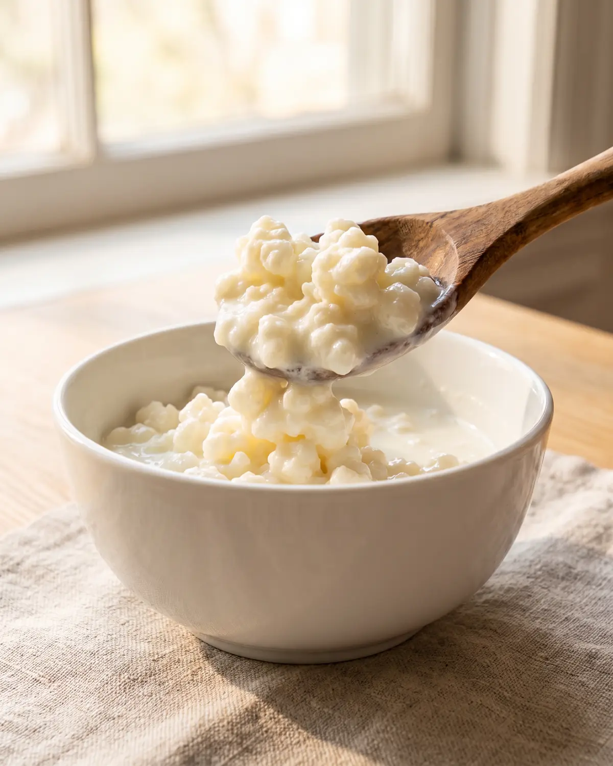 kefir voedingswaarde Een houten lepel tilt dichte melkkefirkorrels uit een witte kom bij warm raamlicht en ruw linnen.
