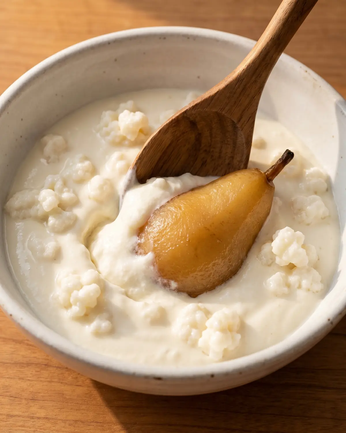hoeveel kefir per dag Houten lepel trekt langzaam een spoor door romige melkkefir met gestoofde peer in een witte kom.