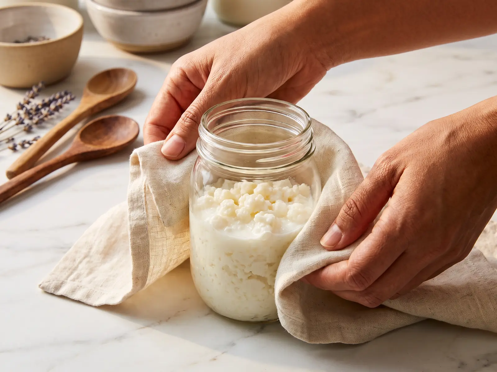 groenten fermenteren recepten Twee handen vouwen linnen rond een pot melkkefir als huisgemaakt cadeau op wit marmer.