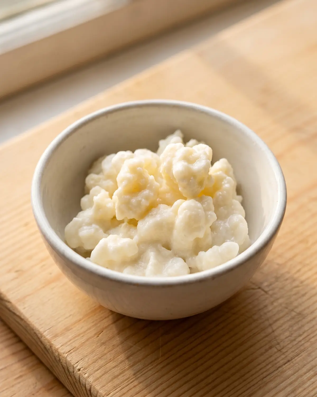 melk kefir Macro-opname van witte melkkefirkorrels in een kom, met korrelige structuur duidelijk zichtbaar.