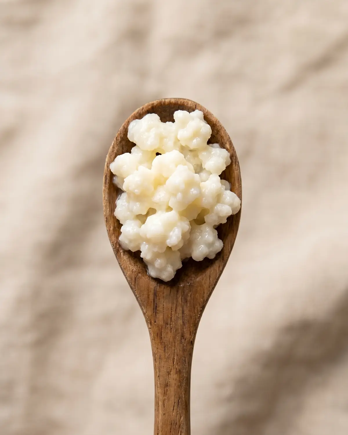 beste kefir keuringsdienst van waarde Close-up van melkkefirkorrels op een houten lepel, met zichtbare korrelige structuur en romige textuur