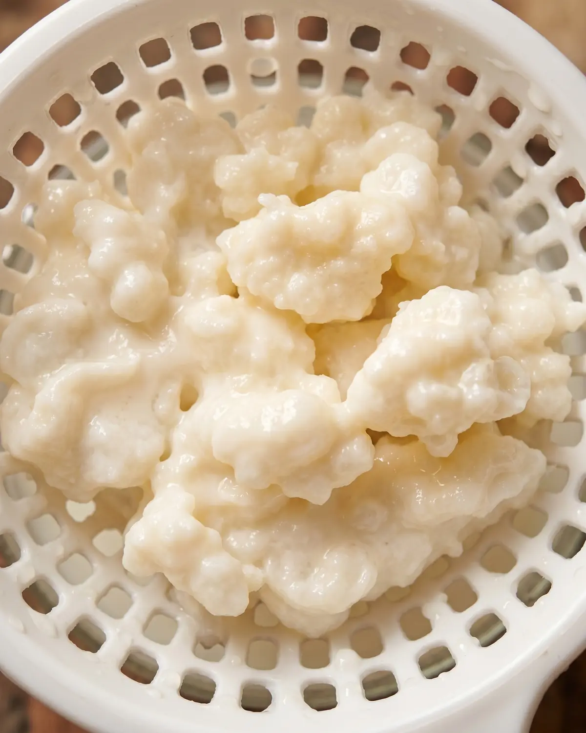 gefermenteerde melk Close-up van roomwitte kefirkorrels in een witte zeef, met dikke druppels tussen het granulaat.