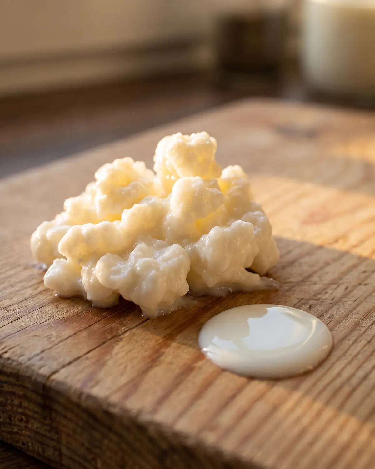 kefir wanneer drinken Melkdruppel op een houten plank met een kefirkorrel dichtbij in warm ochtendlicht.