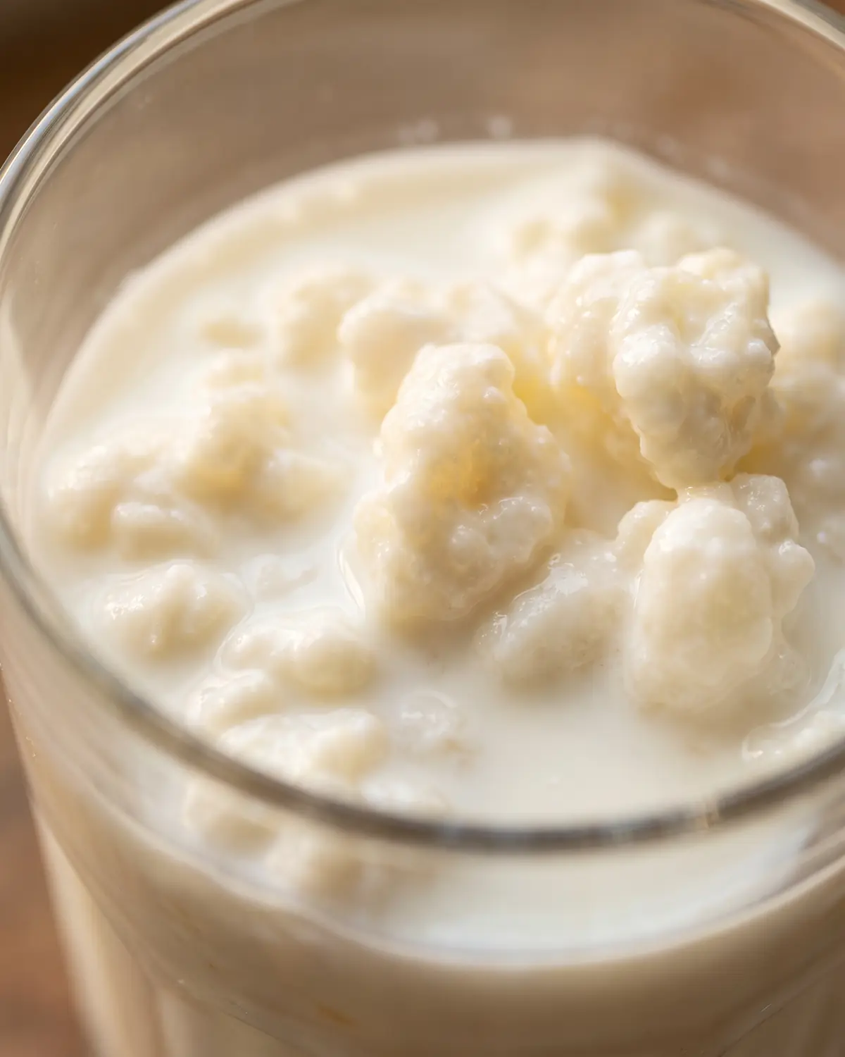 gefermenteerde drank Verse melkkefirkorrels in een glazen pot terwijl wolken melk zich rond de korrels verspreiden